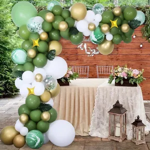 Sage green and gold balloon arch kit with star foils and palm leaves for wedding decor
