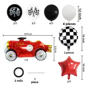 Kit ballons thème voiture de course avec ballon géant rouge et décors d'étoiles à carreaux