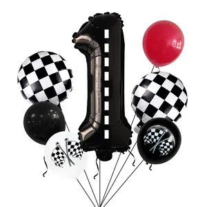 Rennwagen 1. Geburtstag Ballon-Set mit schwarzer Zahl Eins und Zielflaggen