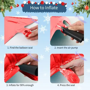 Instructional guide for inflating red foil balloons using a manual air pump for Christmas