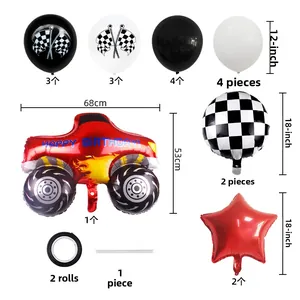 Kit d'anniversaire de course avec ballons camions rouges et drapeaux damiers