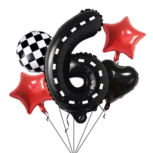 Racing party set with number 6 race track foil balloon and red stars for 6th birthday decor