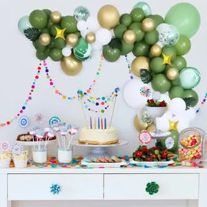 Forest theme balloon arch kit with green white and gold latex balloons and star foil accents