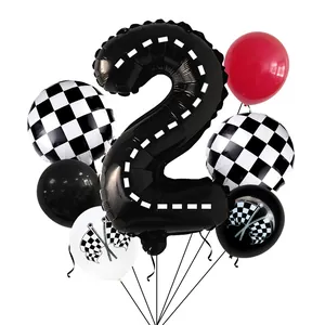 Rennwagen Geburtstag Ballonset mit schwarzer Zahl 2 und Zielflaggen-Muster-Dekor