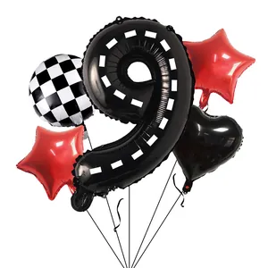 Racing themed party set with black race track number 9 balloon and red stars