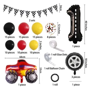 Racing party kit with checkered flags, red monster truck and large number 1 foil balloon
