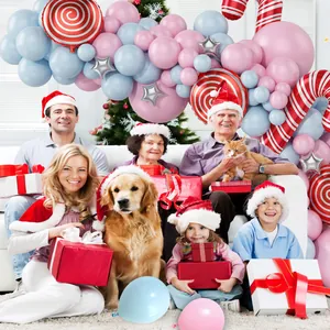 Christmas balloon arch kit with macaron pink and blue balloons and candy canes