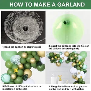 Step-by-step DIY guide for green and gold balloon arch kit with instructions and leaves