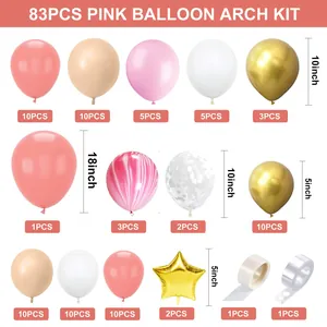 Detailed component list for 83pcs pink balloon arch kit with sizes and quantities