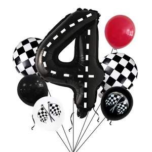 Rennwagen-Geburtstagsset mit großer Straßen-Zahl 4 Ballon und karierten Flaggen