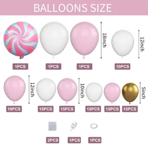 Size chart showing dimensions for pink and white balloon arch kit with assembly tools