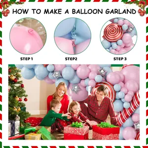 Step-by-step tutorial for assembling a pink and blue Christmas balloon garland arch