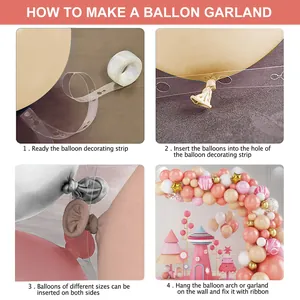 Step-by-step guide on how to make a balloon garland using a clear plastic strip and latex balloons