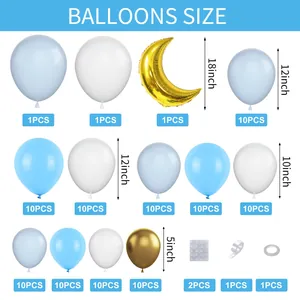 Size chart showing quantities of blue, white, and gold balloons for baby shower party sets