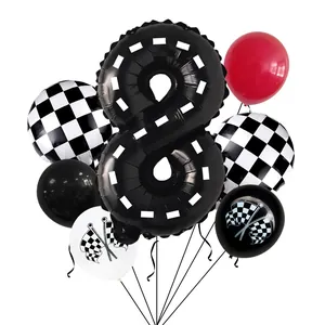 Rennwagen 8. Geburtstag Ballonset mit Zielflaggen und Straßenmuster Zahl 8 Motiv