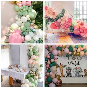 Sage green and light pink balloon arch kit with 'Two Wild' jungle theme background
