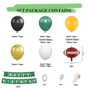 Detailed list of American football birthday party set with balloons and happy birthday banner