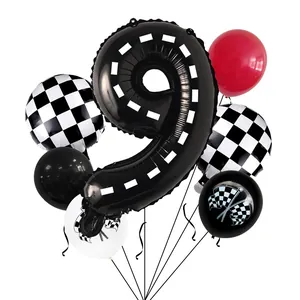 Rennwagen Partydeko mit großer Nummer 9 Ballon und karierten Folienballons Set