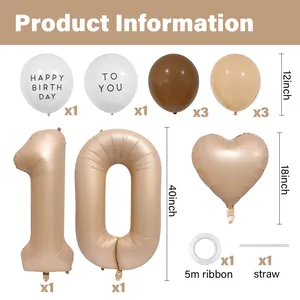 Detailed spec view of 10th birthday balloon kit with caramel and cream latex balloons