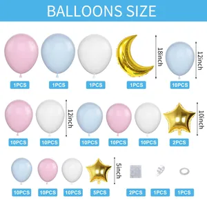 Size guide for gender reveal balloon arch kit featuring pink blue white latex and gold stars