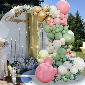 Sage green and pastel pink balloon arch kit for wedding decor with gold accents