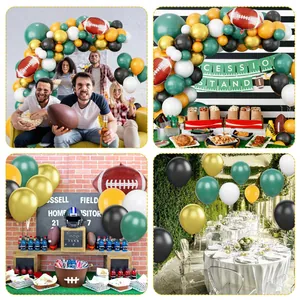 Detail of football party kit with balloon arch and concession stand banner for birthday event
