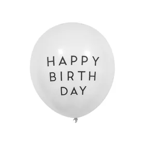 Close-up of white latex balloon with black Happy Birthday text for party decoration