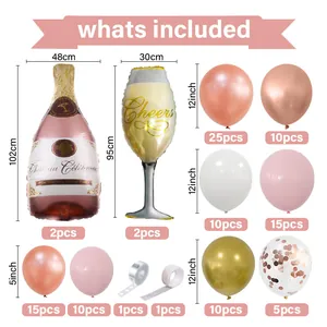Kit detallado con globos de botella de champán y globos de látex en color oro rosa