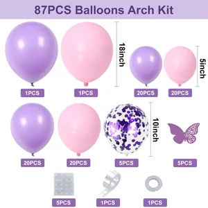 Detailed breakdown of 87pcs lavender balloon arch kit with sizes and butterfly accents