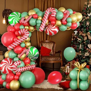 Christmas balloon arch kit with red, green, and gold candy foil balloons for home decor