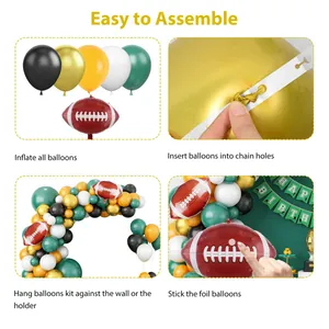 Step-by-step assembly guide for football party balloon garland kit with latex balloons