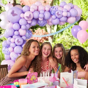 Lavender and macaron purple balloon arch kit with decorative purple butterfly stickers