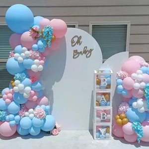 Kit guirlande ballons rose bleu avec décor Oh Baby doré et boîtes à ballons BABY