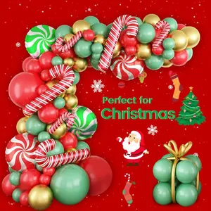Detailed Christmas balloon arch with red green and gold latex globes and foil candy canes