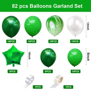 Detailed 82-piece green forest balloon arch kit with sizes from 5 to 18 inches