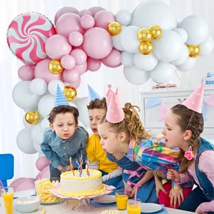 Σετ αψίδας με ροζ και χρυσά μπαλόνια για παιδικό πάρτι γενεθλίων με μπαλόνι καραμέλα