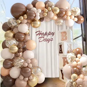 Retro coffee and sand balloon garland kit with gold accents and baby blocks for party decor