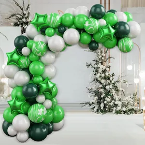 Detail of forest green balloon arch kit with agate marble and star foil balloons