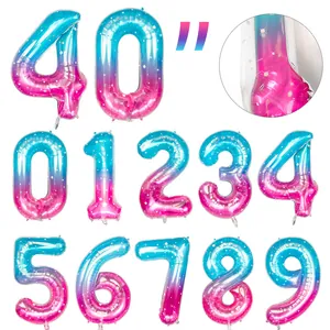 Ballon Chiffre Géant en Aluminium Dégradé Bleu Rose Ciel Étoilé pour Décoration de Fête Anniversaire Mariage Saint Valentin