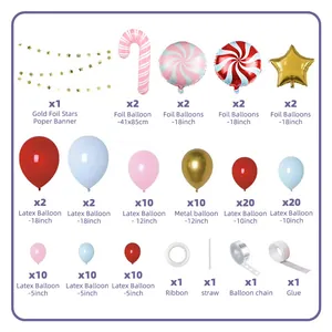Detail list of Christmas party balloon set with candy canes and gold star banners