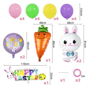 Detailed component list of Easter latex and foil balloon set with specific sizes