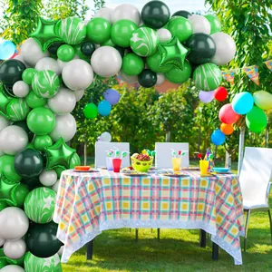 Forest theme party balloon arch kit with green white and marble latex balloons