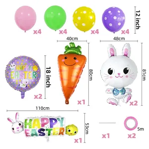 Detail view of Easter balloon set with rabbit and carrot shapes and Happy Easter banner