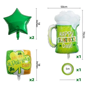 Detailed set layout showing shamrock balloons star shapes and beer mug for St. Patricks Day