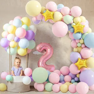 145pcs pastel balloon garland kit with macaron colors, gold stars, and pink number 2 balloon