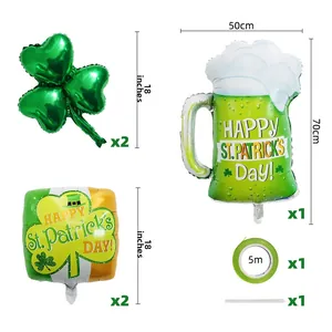 Detailed set of St. Patrick’s Day clover foil balloons with beer mug and accessory dimensions