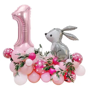 Grey bunny and pink number 1 foil balloon set for 1st birthday party decorations
