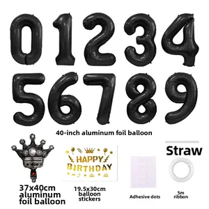 Ballon chiffre noir 40 pouces avec couronne et autocollants Happy Birthday or