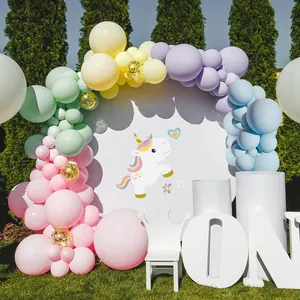 Unicorn theme balloon arch kit with macaron pastel balloons and rainbow backdrop for party