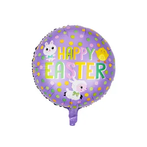 Detail of purple Happy Easter foil balloon with cute cartoon rabbit and colorful polka dots